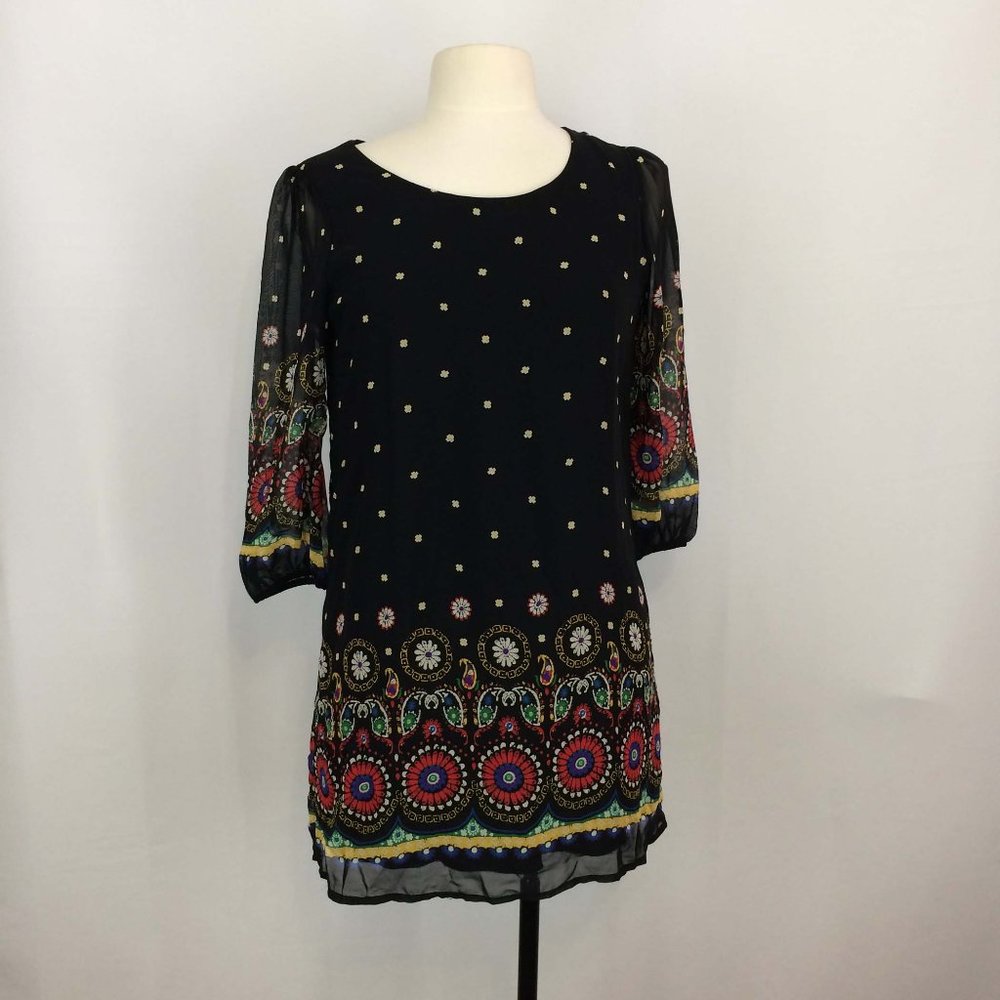 Million Bullpup Black Pattern Tunic Mini Dress,‎ S